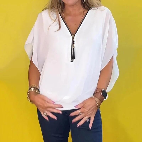 Camisa casual feminina de chiffon com gola alta e zíper